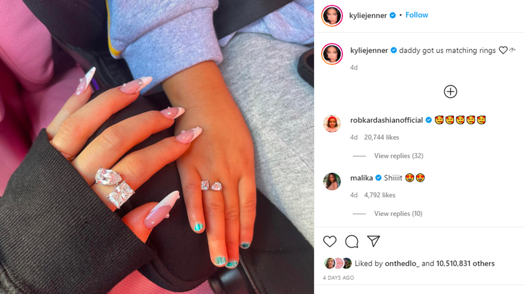 In fall 2021, Kylie Jenner shared her and 3-year-old daughter Stormi Webster’s matching two-stone diamond rings on Instagram. (Image courtesy of @kyliejenner)