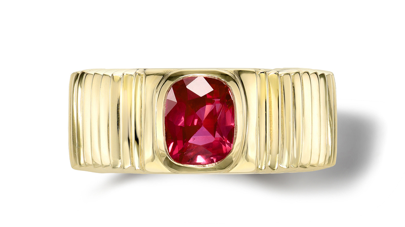 <a href="https://www.retrouvai.com/" target="_blank"> Retrouvaí</a> One-of-a-kind pleated solitaire band in 14-karat yellow gold with ruby (Price upon request)