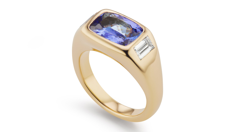 <a href="https://brentneale.com/search?q=tanzanite&type=product" target="_blank">Brent Neale</a> one-of-a-kind tanzanite and diamond gypsy ring set in 18-karat yellow gold (price available upon request)