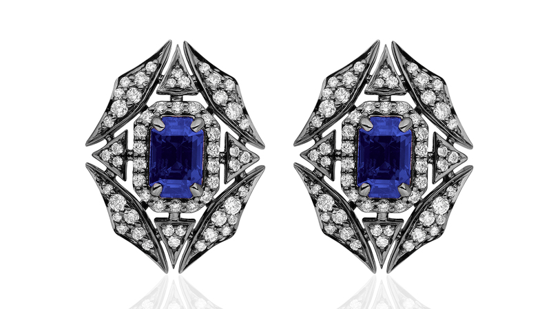 <a href="https://goshwara.com/" target="_blank">Goshwara</a> G-One tanzanite and diamond web earrings in 18-karat white gold with black rhodium (price available upon request)