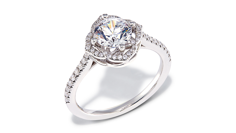 The rings are available in a “signature” silhouette, as seen in the style above, as well as halo and solitaire.