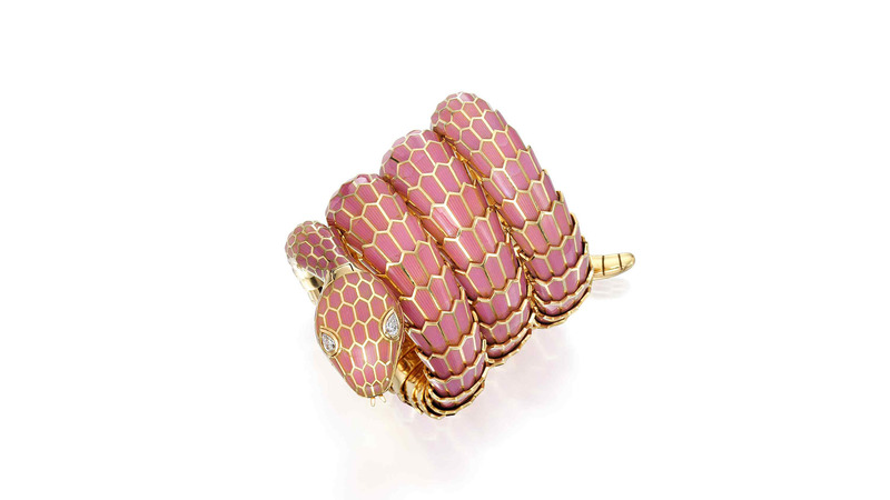 A buyer paid $138,600 for this gold Bulgari Serpenti bracelet watch with pink enamel.