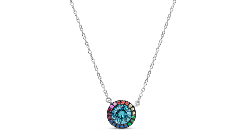 <a href="https://www.dilamani.com/" target="_blank">Dilamani</a> blue zircon pendant with rainbow sapphire and tsavorite garnet halo set in 14-karat white gold ($1,200)