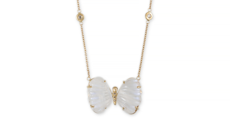 <a href="https://jacquieaiche.com/" target="_blank">Jacquie Aiche </a> “Medium Bubble Moonstone Pave Center Butterfly Necklace” in 14-karat yellow gold with moonstone and white diamond (price upon request)