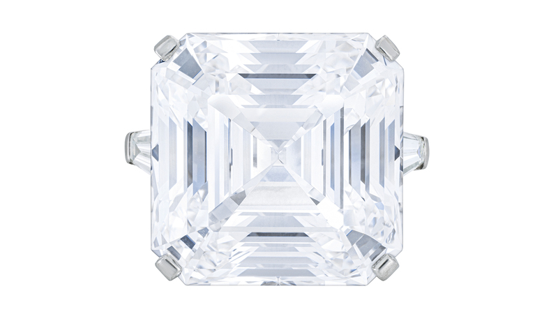 This 41.36-carat square emerald-cut D-color, potentially internally flawless diamond ring set in platinum and signed by Graff sold for $3.8 million at Christie’s “Magnificent Jewels” sale.