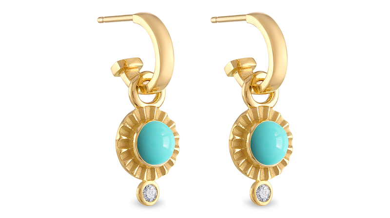 <a href="https://pamelazamore.com/" target="_blank">Pamela Zamore</a> turquoise and diamond charm earring with Baby Helena Hoop in 18-karat yellow gold ($2,050)