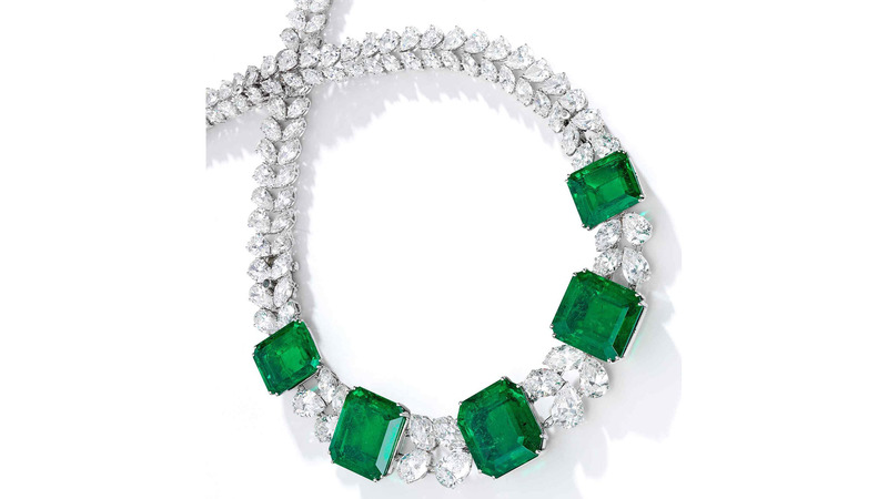 A private American buyer paid $2.8 million for this diamond and emerald necklace by Harry Winston.