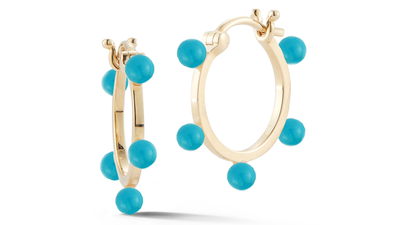 <a href="https://mateonewyork.com/products/14kt-small-turquoise-dot-hoops?_pos=4&_sid=5a328070c&_ss=r" target="_blank">Mateo</a> small Turquoise Dot Hoops in 14-karat yellow gold ($750)