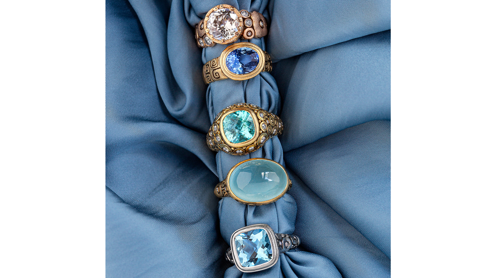 Alex Šepkus won the New Designer of the Year Award at the JA show in 1993. The company started exhibiting at Couture the year it launched, 1995. Feero joked that Šepkus was not the best person to take to trade shows because he’d grab buyers by the arm and take them to see the work of other designers he admired, like Michael Zobel and Paul Morelli. “I used to say, ‘Leave them in the booth Alex, leave them with me for a while.’” (Photo courtesy of Alex Šepkus Co.) Alex Šepkus won the New Designer of the Year Award at the JA show in 1993. The company started exhibiting at Couture the year it launched, 1995. Feero joked that Šepkus was not the best person to take to trade shows because he’d grab buyers by the arm and take them to see the work of other designers he admired, like Michael Zobel and Paul Morelli. “I used to say, ‘Leave them in the booth Alex, leave them with me for a while.’” (Photo courtesy of Alex Šepkus Co.)