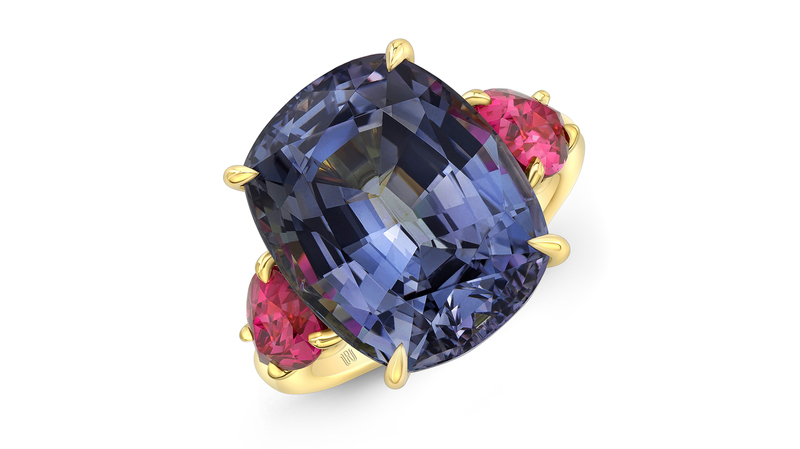 <a href="https://rahaminov.com/" target="_blank">Rahaminov Diamonds</a> tanzanite and pink spinel three stone ring set in 18-karat yellow gold ($52,000)