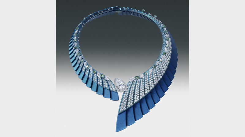 The “Ascending Shadow” choker features a total 57.28 carats of diamonds, featuring a mix of cuts and colors.