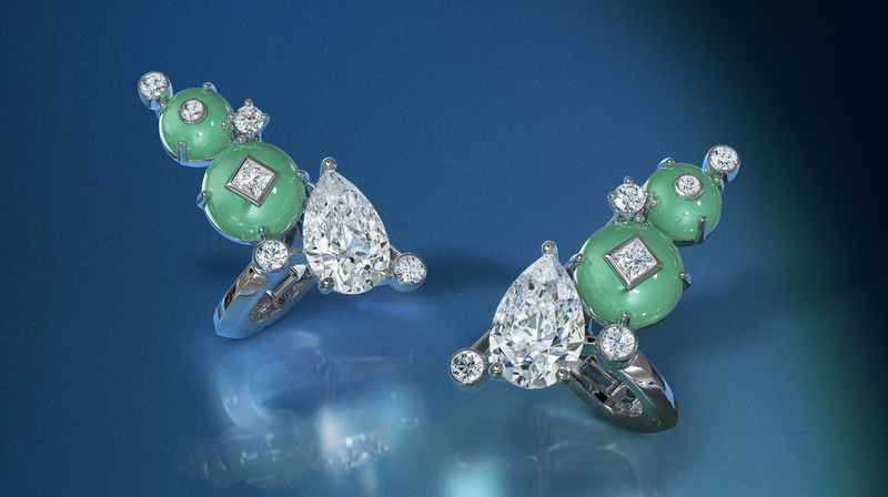 “Midnight Aura” ear climbers feature 3.59 carats of diamonds and chrysoprase set in 18-karat white gold.