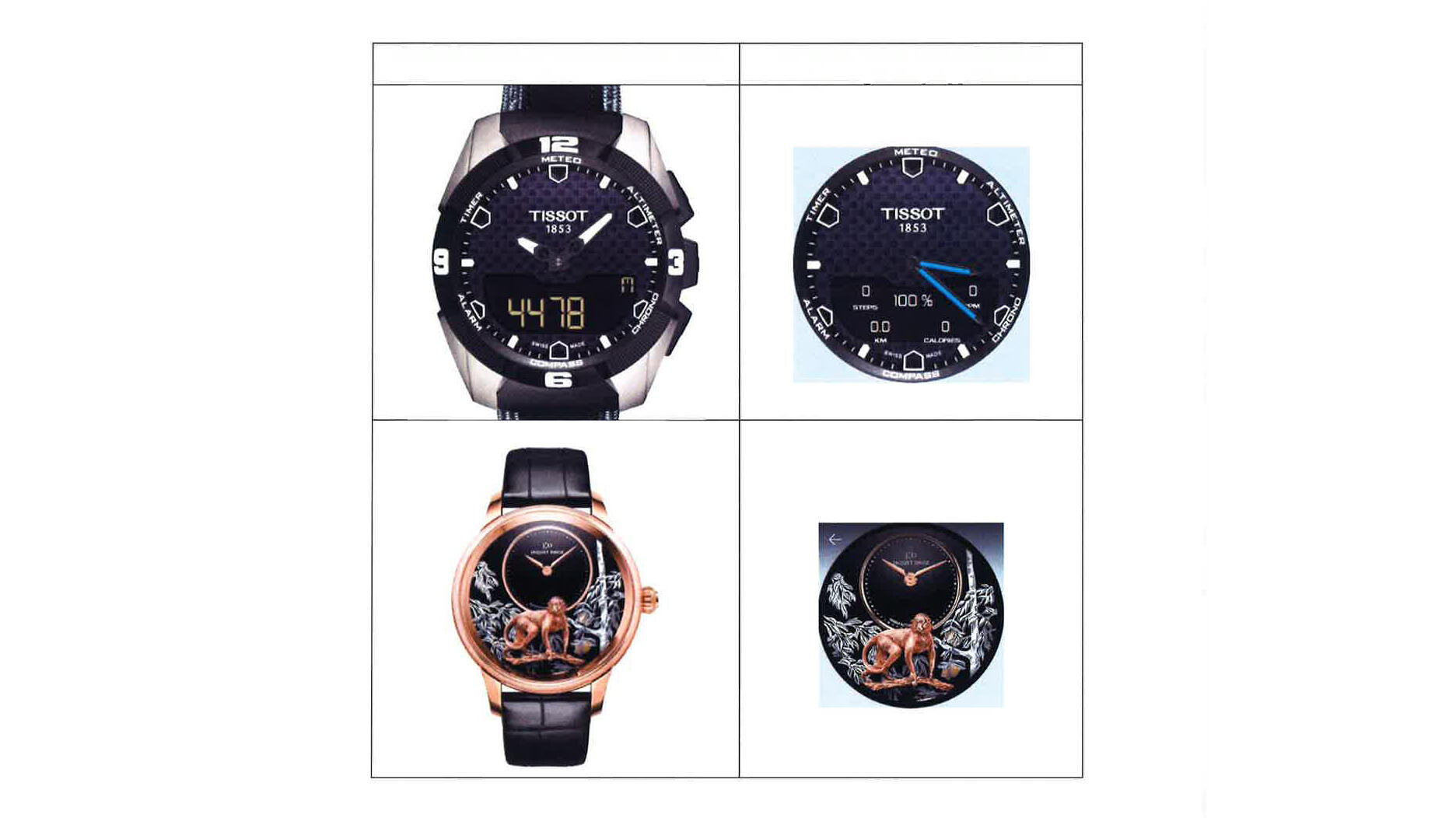 Swatch Group watches next to allegedly infringing downloadable watch faces from Samsung