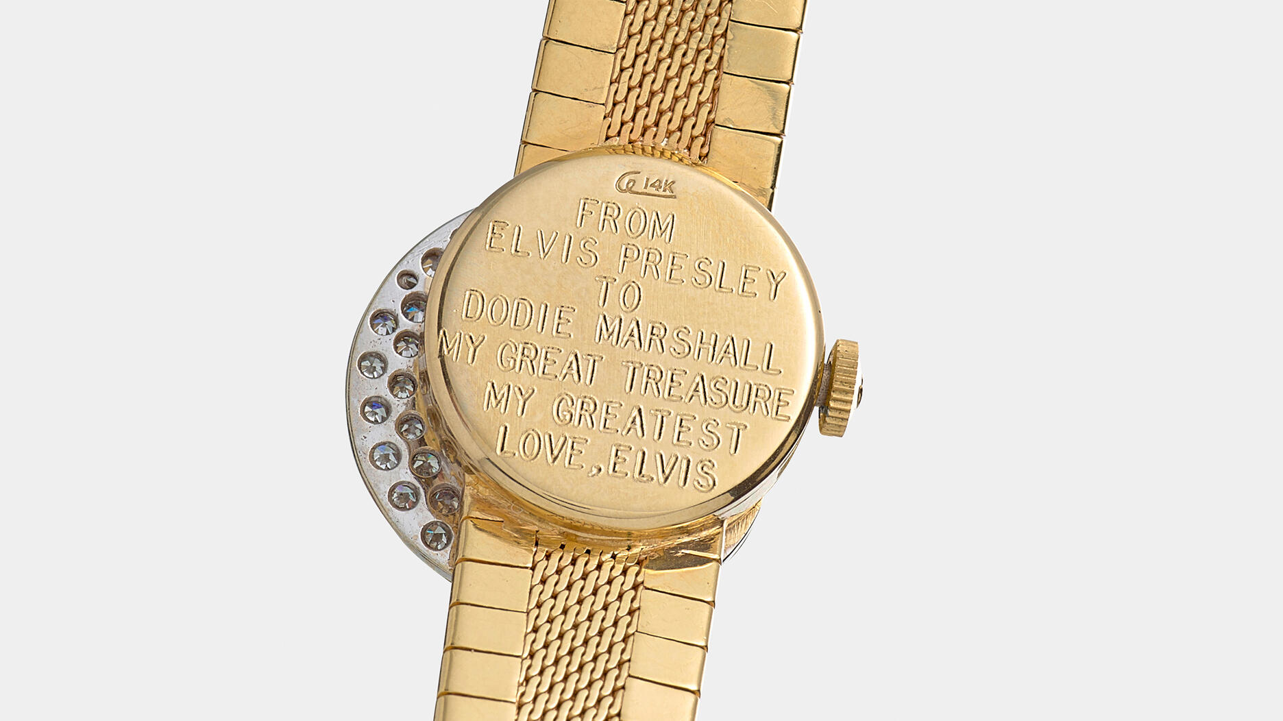 Engraved back of Baume & Mercier watch Elvis gave to Dodie Marshall